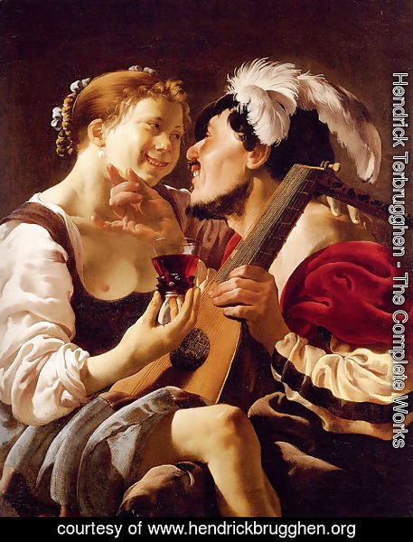 Hendrick Terbrugghen - A Luteplayer Carousing With A Young Woman Holding A Roemer