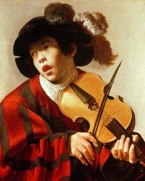 Boy Playing Stringed Instrument and Singing 1627