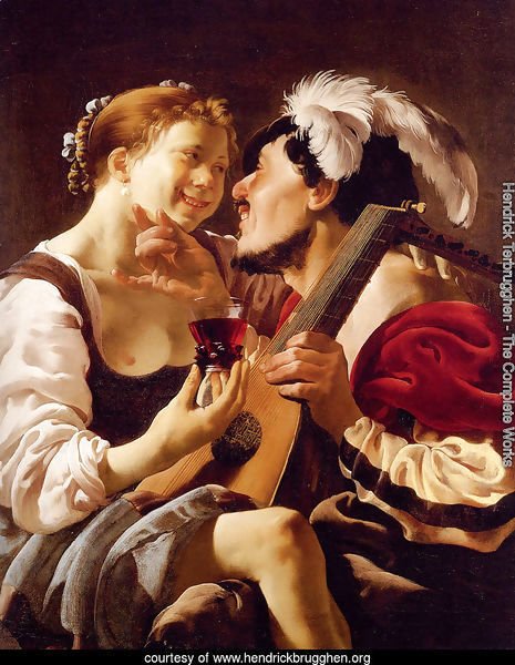 A Luteplayer Carousing With A Young Woman Holding A Roemer