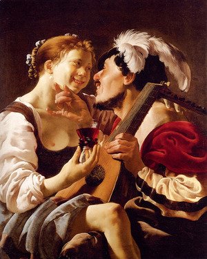 Hendrick Terbrugghen - A Luteplayer Carousing With A Young Woman Holding A Roemer