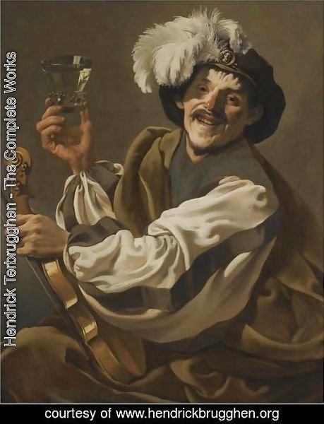Hendrick Terbrugghen - A Jovial Violinist Holding A Glass Of Wine